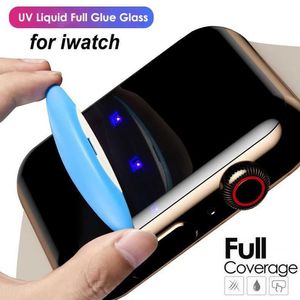 100 Uds. Protector de pantalla de vidrio UV transparente para Apple Watch Series SE 7 6 5 4 45mm 49mm 40mm 44mm 3 2 1 42mm 38mm película de cobertura completa con pegamento líquido