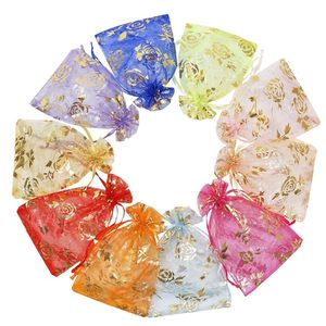 Sacs en Organza à cordon coloré, 100 pièces, sacs d'emballage en forme de cœur et de fleurs imprimés pour bijoux, emballage cadeau, pour fête de mariage, réception-cadeau pour bébé