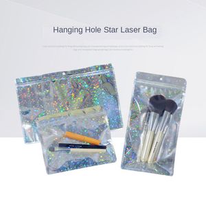 100 pièces cadeau étoile hologramme feuille d'aluminium Transparent fermeture éclair sacs longue pochette en plastique bijoux Usb cosmétique emballage sac