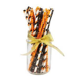 100 pièces pailles en papier Halloween pailles à motif de chauve-souris citrouille pailles en papier jetables noir orange pour fournitures de fête d'Halloween