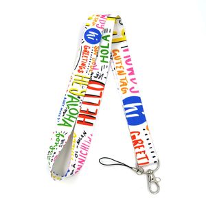 100 unids Hola Diferentes Versiones de Idioma Letters Lanyards ID Insignia Titular Titular Llavero Teléfono Móvil Correa Regalos