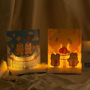 100 pièces Led 3D dessin animé carte pliante lumière avec musique chanson joyeux anniversaire bougie PopUp gâteau carte postale enveloppe Invitations cadeaux