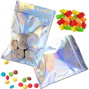 100 unids/lote bolsa con cremallera de papel de aluminio bolsas de plástico resellables para embalaje al por menor bolsa holográfica a prueba de olores para almacenamiento de alimentos y café