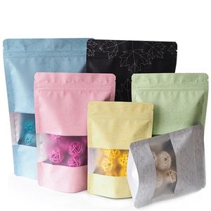 100 unids/lote bolsa de comida ventana transparente hoja de arce bolsa de papel de aluminio fondo plano metálico Mylar negro bolsa con cremallera