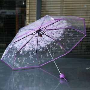 100 pcs/lot Transparent clair parapluie poignée coupe-vent 3 pli parapluie fleur de cerisier champignon Apollo Sakura femmes fille parapluie JJE1