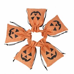 100pcs / lot Wholesale 10x14cm Pumpkin Imprimé Drawstring Rangement Package Packs Halen Party Candy Jute Line Linen Socches Organisateur G4MX #