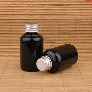 100pcs / lot en gros 50 ml bouteille d'émulsion en plastique PET noir bouchon à vis en aluminium 50 grammes liquide rechargeable petit échantillon conteneur qté Jiat