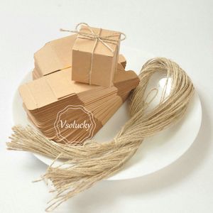 Boîtes carrées en papier Kraft avec cravate en Jute, 100 pièces, boîtes à bonbons Vintage, décor pour fête de mariage, anniversaire, réception-cadeau pour bébé, 5x5x5cm