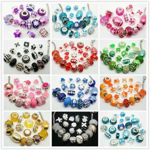 Lote de 100 cuentas de abalorios de moda de colores mezclados para hacer joyas, abalorios sueltos con agujeros grandes, cuentas DIY para pulsera europea, venta al por mayor a granel