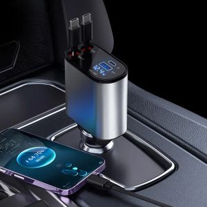 100W 4 en 1 Chargeur de voiture rétractable Câble USB Type C pour iPhone Huawei Samsung Fast Charge Cord Cigarette Lighter Adaptateur X4W3