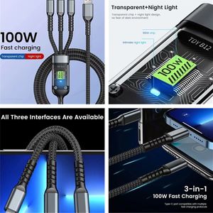 Cable de carga rápida 3 en 1 de 100W, Cable Micro USB tipo C para Samsung S24, Google Pixel 8, Xiaomi, Cable cargador de luz LED transparente