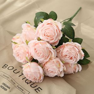 10 cabezas/ramo de flores artificiales de rosas francesas, mesa para el hogar, decoración de boda, flores artificiales de seda, rosas