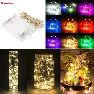 10M 100led 3AA Batería LED para exteriores Alambre de plata Alambre de cobre Hada Luces de cadena Decoraciones para fiestas de bodas de Navidad Guirnalda Iluminación