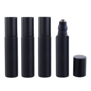 10 ml vide gel noir mat verre acier rouleau bouteille de massage portable emballage cosmétique crème pour les yeux flacons d'huile essentielle échantillon bouteille rechargeable