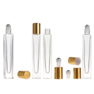 10ml stylo vide carré verre clair rouleau sur bouteille avec bouchon en or boule roulante en acier inoxydable pour parfum d'huile essentielle