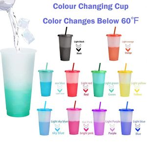 10 pièces tasses à changement de couleur avec couvercles et pailles 710 ml gobelets en plastique mignon tasse à café glacé tasses réutilisables en vrac pour cappuccino 240219