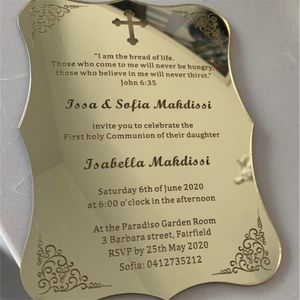 10pcs personalizar espejo dorado de oro acrílico invitación grabado impresión láser cortes de boda de matrimonio 220707