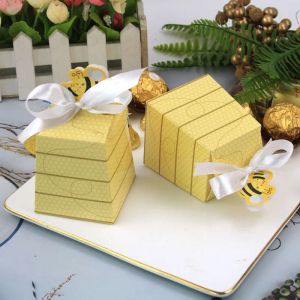 10pcs Européen Yellow Bee Favors Candy Boxs Cadeaux Boîtes avec des rubans blancs Baby Shower Birthday Wedding Party Favor Decorations
