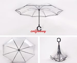 10 unids/lote paraguas inverso transparente de doble capa flores de cerezo paraguas invertido lluvia mujeres c-handle a prueba de viento F052909