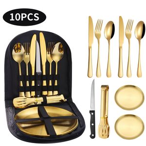 10 Unids/set Juego de Cubiertos de Vajilla Portátil Al Aire Libre Cubiertos de Acero Inoxidable Cuchillo Tenedor Cuchara Cortadora de Platos Juego de Vajilla con bolsa negra