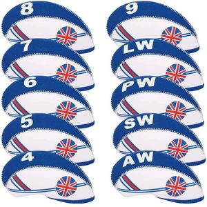 10pcs / set Royaume-Uni Drapeau À Motifs En Néoprène Club De Golf Wedge Tête De Fer Couvre Ensemble De Couvertures Couvre-Tête Protéger Cas Pour Fers 2 Couleurs À Choisir