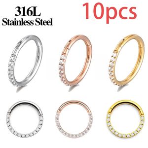 10 pièces en acier inoxydable boucles d'oreilles anneau de nez pour les femmes Piercing blanc zircon corps bijoux anneau de nez rond en gros 240117