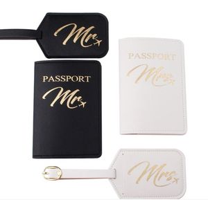 10 juegos de etiquetas de equipaje para cubierta de pasaporte, accesorios de viaje, estilo Personal, MRMRS, impresión dorada, soporte para dirección de identificación de maleta de Pu