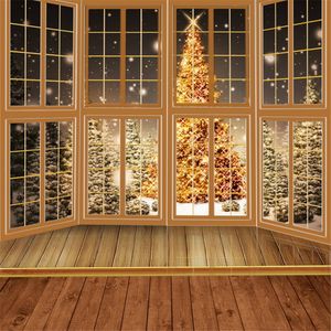 10x10ft Toiles de fond en tissu pour la photographie Plancher en bois Fenêtres Golden Sparkle Arbre de Noël Arrière-plans de neige d'hiver en plein air pour studio photo