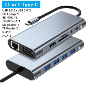 11 en 1 USB C Hub 3,0 tipo C Dock Splitter adaptador multipuerto RJ45 SD/TF VGA PD para ordenador portátil MacBook iPad xiaomi