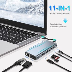 Adaptador de estación de acoplamiento HUB USB 11 en 1 con 4K HDMI, VGA, tipo C PD, puerto Ethernet RJ45, tarjetas SD/TF, AUX de 3,5 mm, compatible con MacBook Pro/Air
