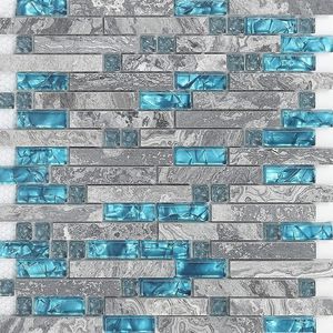 11 feuilles de carreaux de dosseret en pierre de verre, carreaux de mur de douche en cristal gris poli et bleu sarcelle, mosaïque à motifs imbriqués aléatoires pour cuisine et salle de bain 9805