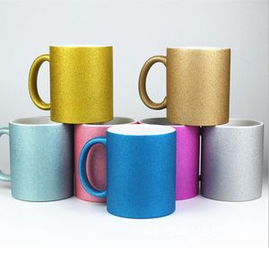 11oz Sublimación Pearlescent Ceramic Glitter Mug Flash Cups 7 colores Vasos de café sin costura con asa Superficie mate Vaso Térmico Tazas de viaje