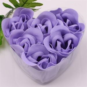 12 cajas de flores de jabón de pétalos de rosa decorativas moradas 6 uds en caja en forma de corazón Favores de boda 217D