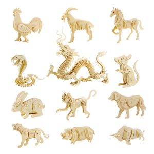 Sudoku Puzzles 12 signes du zodiaque chinois 3d puzzle animal en bois en trois dimensions jouets pour enfants bricolage en bois fait à la main
