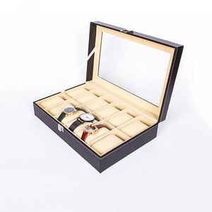 12 grille marron montre boîte montres affichage boîtes de rangement Bracelet fentes porte-boîte bijoux conteneur cadeau haute fibre de carbone