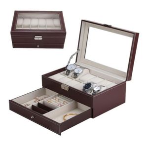 Boîte de rangement de montres professionnelles à 12 grilles, Double couche, boîtier de montre en cuir PU, organisateur support de la boîte, noir marron Color237E