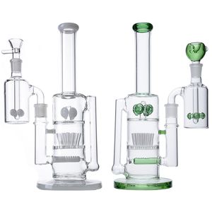 Cachimbas de rociadores de 12 pulgadas Perc en línea Bongs de vidrio Percolador cruzado de setas Tuberías de agua Verde Blanco 18 mm Plataformas de aceite para juntas con recipiente para cenizas