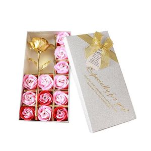 12 Jabón Hoja de oro rosa Flor falsa con caja de embalaje Forma cuadrada Cajas de regalo de postre Suministros para fiestas de bodas Maestros Día de San Valentín 22 * 11 cm
