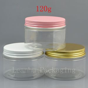 Pot de crème PET transparent vide de 120g x 50, avec bouchon à vis en aluminium blanc/rose/or, récipient de parfum solide de 120ml