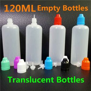 Botellas de 120 ml PE Gotero de LDPE vacío translúcido suave Botellas de plástico de 120 ml con puntas de aguja largas y delgadas Tapas a prueba de niños para jugo de vapor Botella de envasado de aceite líquido