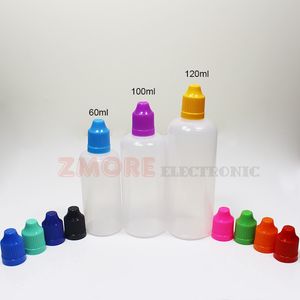 60 ml 100 ml 120 ml Electrónica pe e botella de líquido gotero plástico ejuice botellas vacías tapas a prueba de niños puntas de aguja largas y delgadas botella translúcida para la venta