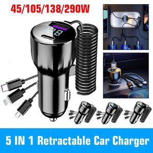 Chargeur de voiture rétractable 120W 4 en 1, câble USB Type C pour Iphone Samsung, cordon de Charge rapide, adaptateur allume-cigare A5J9