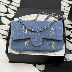 12A Actualización Espejo Calidad Diseñador Pequeño Bolso clásico con solapa 25 cm para mujer Blue Denim Bolsas bordadas Luxurys Lentejuelas Bolsos Crossbody Hombro Cadena Bolsa con caja