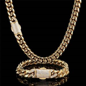 12mm 18-24inch 18K Yellow Gold Plated Stainless Steel Cuban Chain Necklace 7/8inch Bracelet Links for Men Women Gift