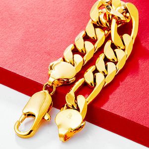 Bracelet Figaro de 12mm d'épaisseur, chaîne de poignet lourde Hip Hop, or jaune 18 carats, solide, cadeau pour hommes