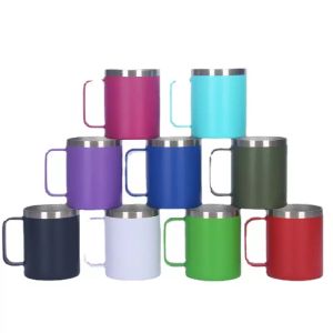 Taza de café de 12oz con asa, vaso de viaje de cerveza al vacío reutilizable de doble pared de acero inoxidable, tapas deslizantes de bosque con recubrimiento en polvo