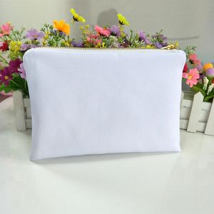 Bolsa de maquillaje de lona de poliéster blanco de 12 oz para impresión por sublimación con forro, bolsa de cosméticos en blanco con cremallera de oro blanco, transferencia de calor 227g