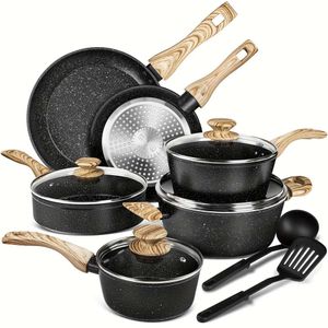 Ensemble de casseroles et poêles 12 pièces, ensembles de cuisine antiadhésifs avec revêtement en granit noir, batterie de cuisine Non toxique Compatible avec l'induction