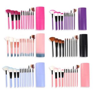 12 unids/set pinceles de maquillaje herramienta sombra de ojos base ceja labio cepillo cosméticos cuero portavasos estuche Kit 50 set/lote DHL