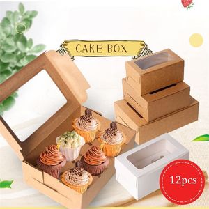 12 pcs blanc papier kraft couleur boulangerie biscuits gâteaux tartes boîtes avec fenêtres paquet décoratif pour les cadeaux alimentaires sac d'emballage 220427